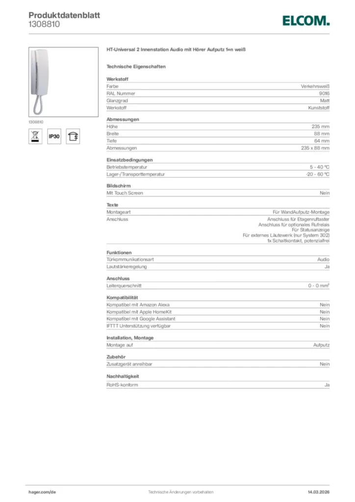 Bild Elcom Produktdatenblatt 1308810 | Hager Deutschland
