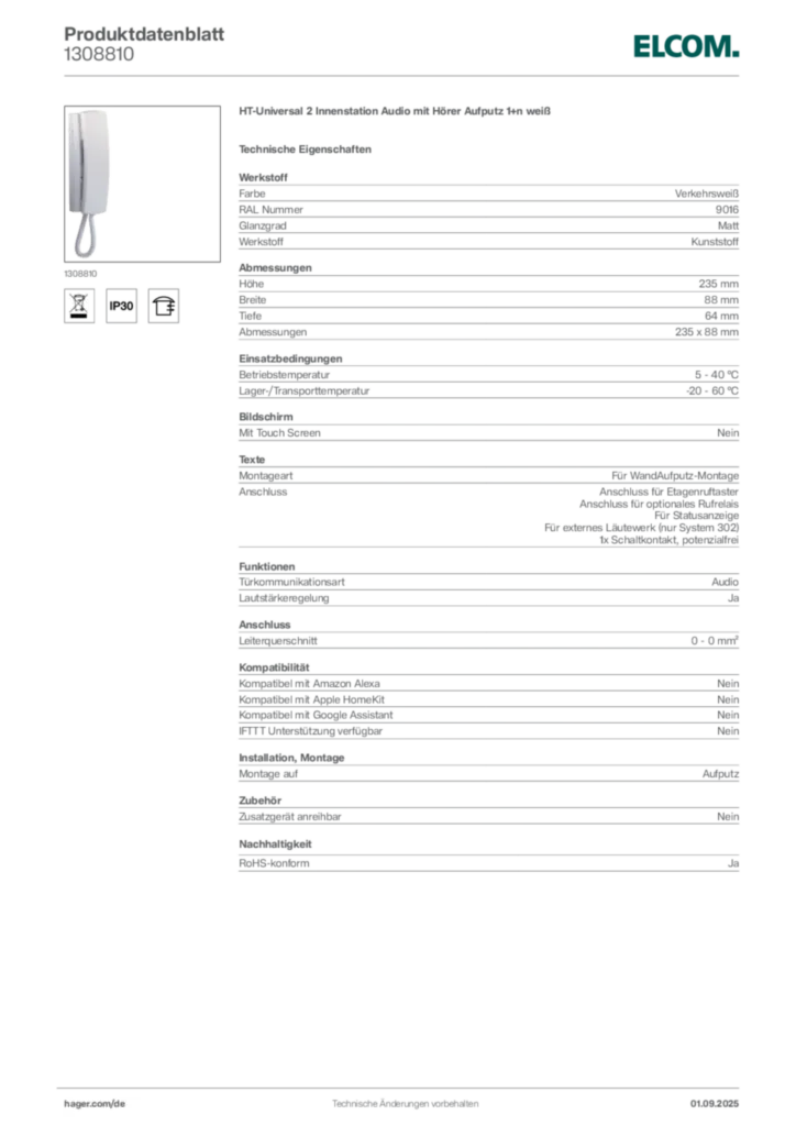 Bild Elcom Produktdatenblatt 1308810 | Hager Deutschland