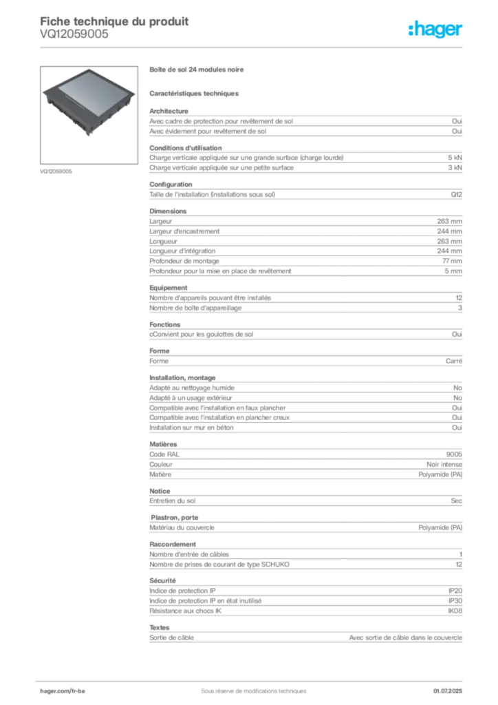 Image Hager Fiche technique du produit VQ12059005 | Hager Belgique