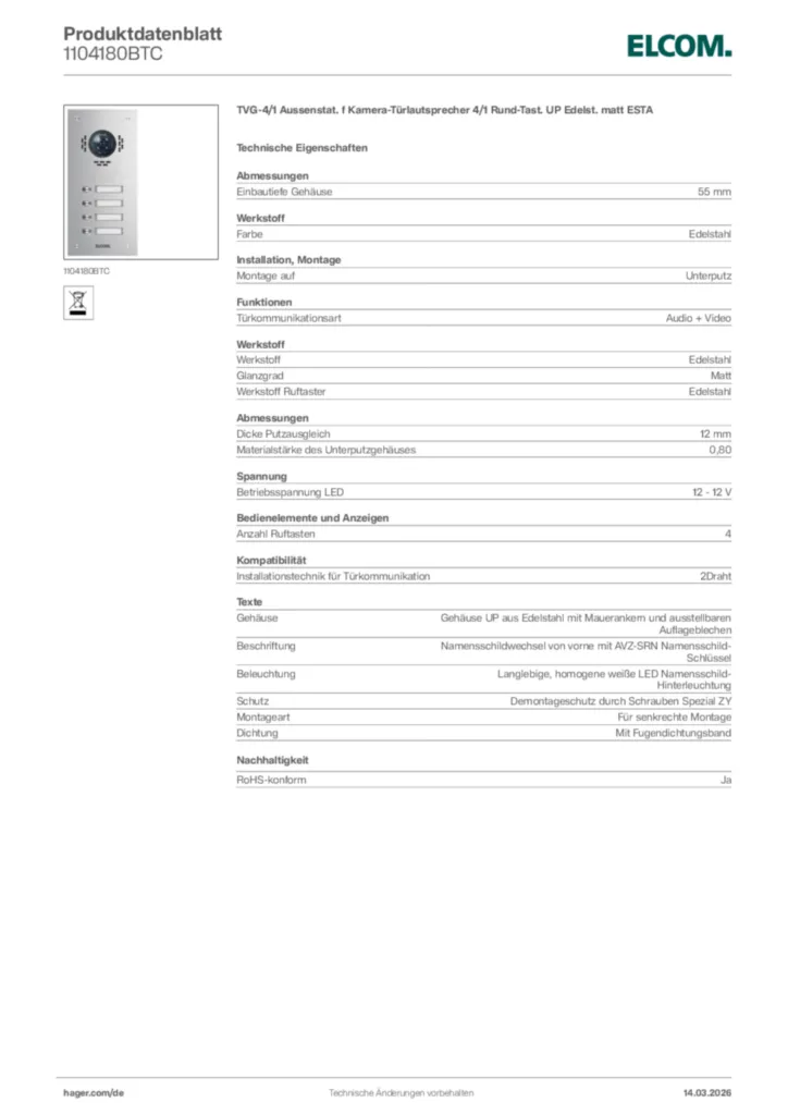 Bild Elcom Produktdatenblatt 1104180BTC | Hager Deutschland