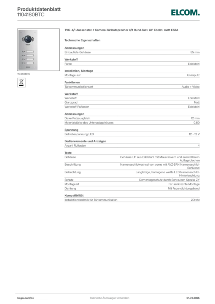 Bild Elcom Produktdatenblatt 1104180BTC | Hager Deutschland
