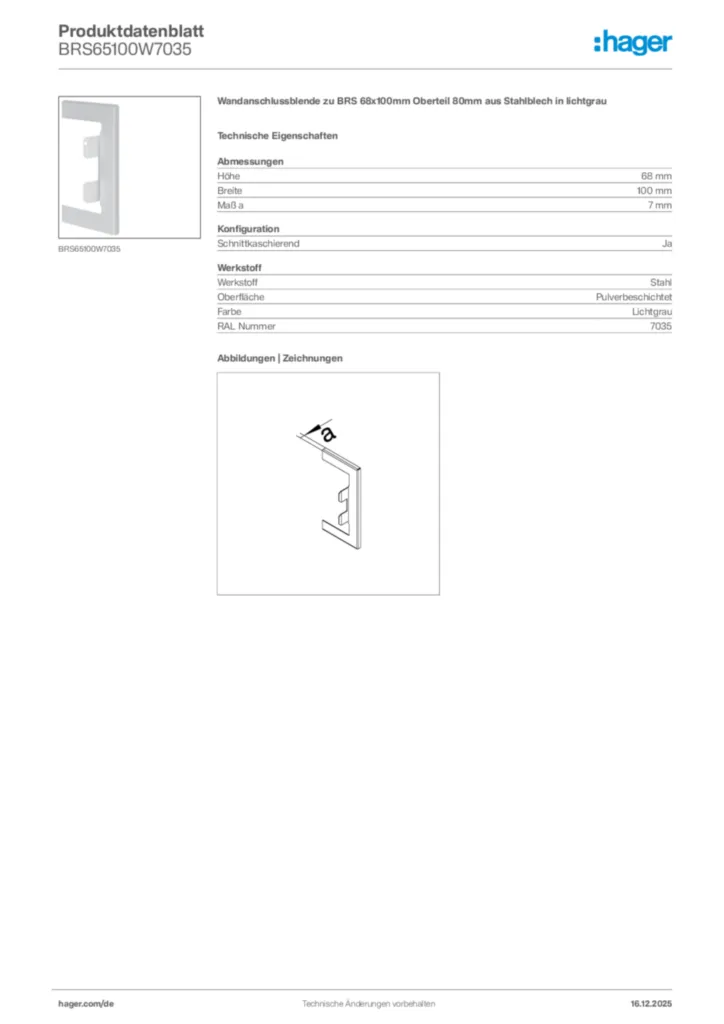 Bild Hager Produktdatenblatt BRS65100W7035 | Hager Deutschland