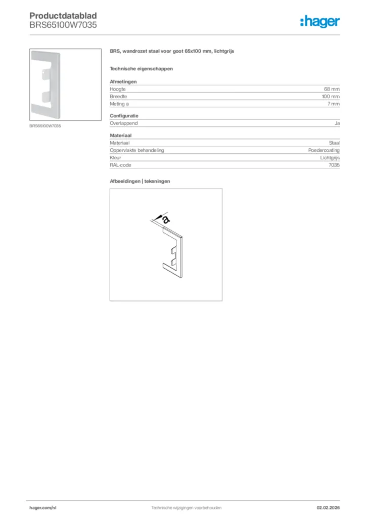 Afbeelding Hager Productdatablad BRS65100W7035 | Hager Nederland