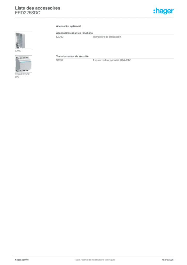 Image Hager Fiche technique du produit ERD225SDC | Hager France