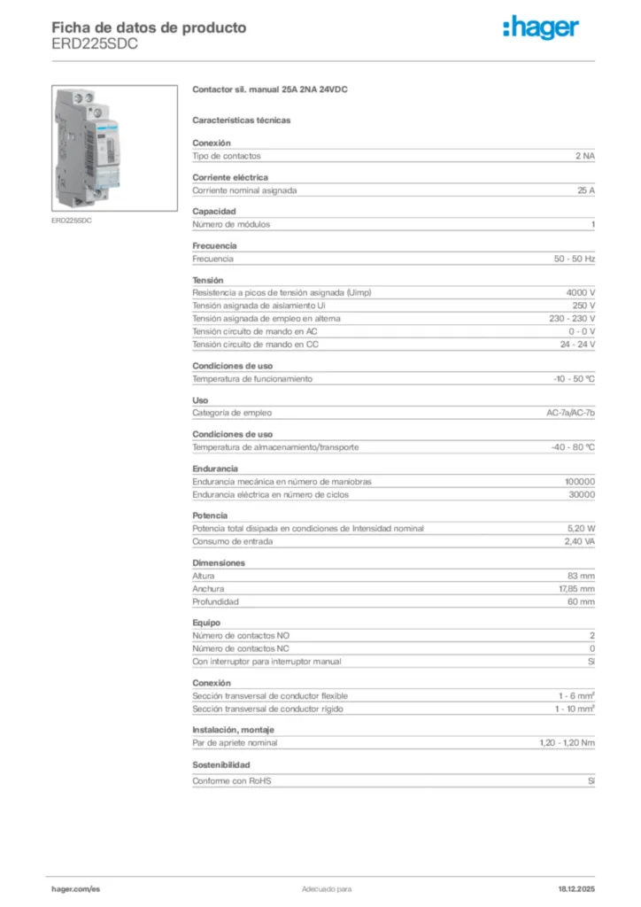 Imagen Hager Ficha de datos de producto ERD225SDC | Hager España