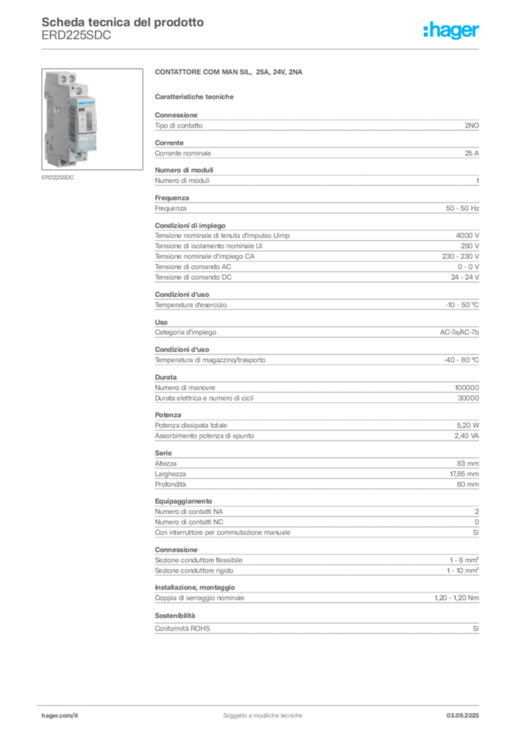 Immagine Hager Scheda tecnica del prodotto ERD225SDC | Hager Italia