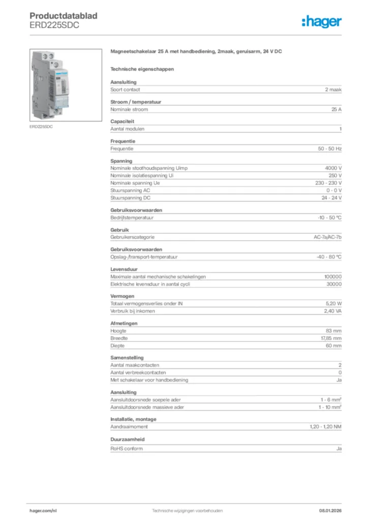 Afbeelding Hager Productdatablad ERD225SDC | Hager Nederland