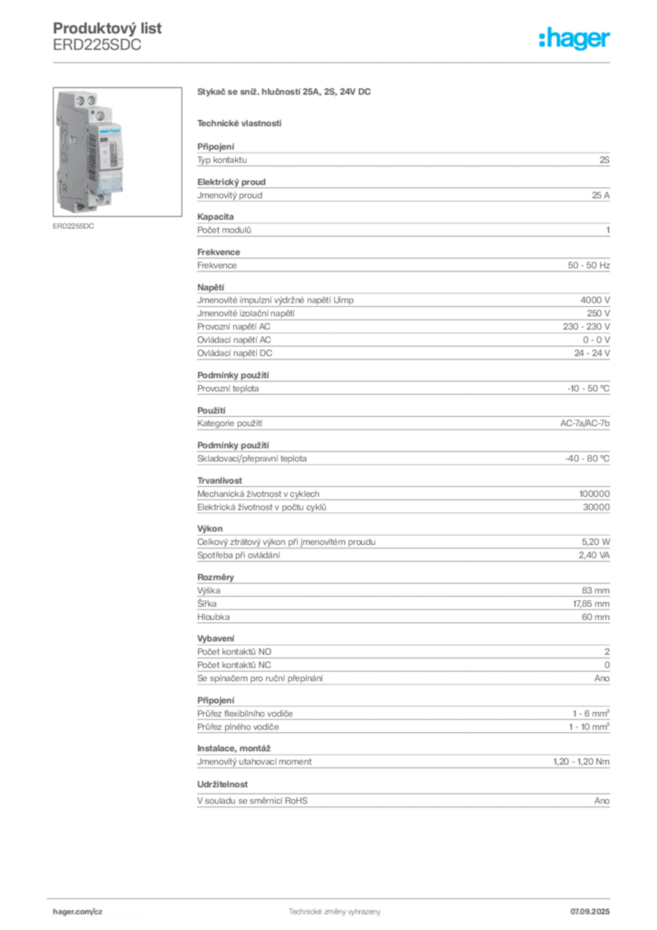Obrázek Hager Produktový list ERD225SDC | Hager