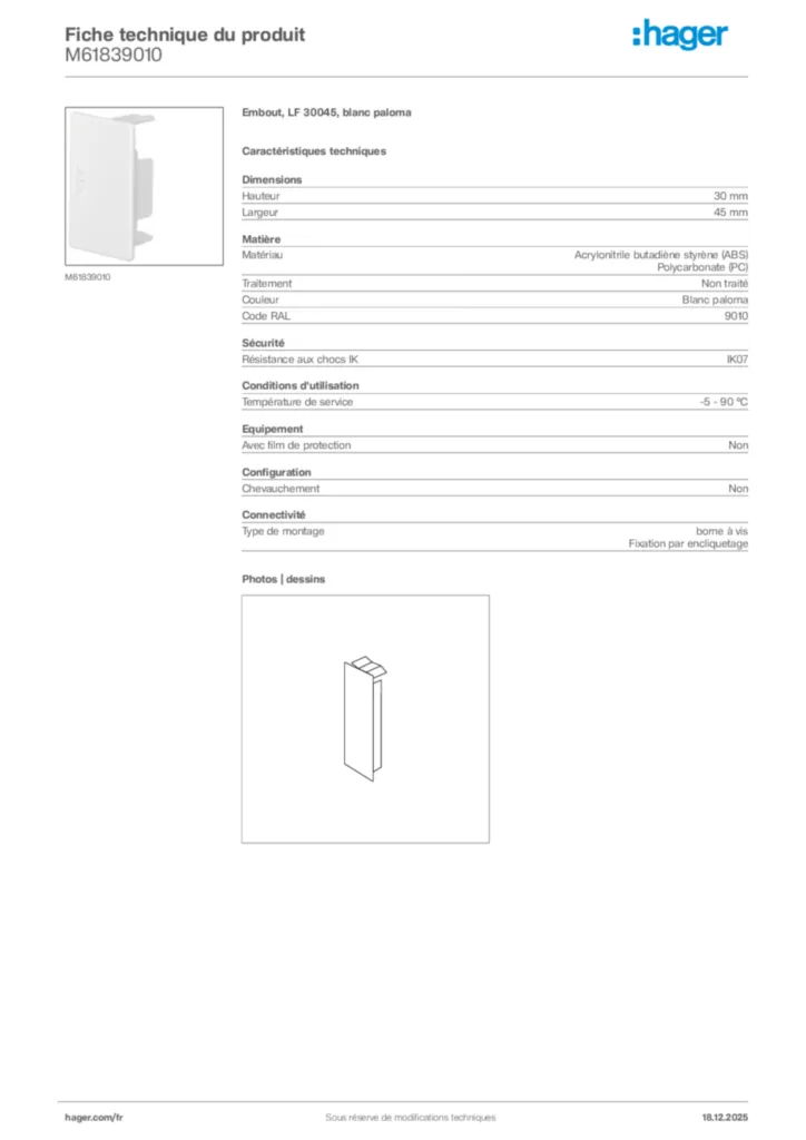 Image Hager Fiche technique du produit M61839010 | Hager France