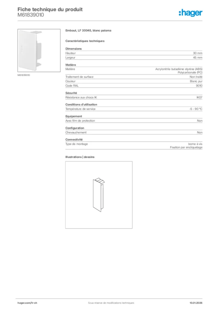 Image Hager Fiche technique du produit M61839010 | Hager Suisse