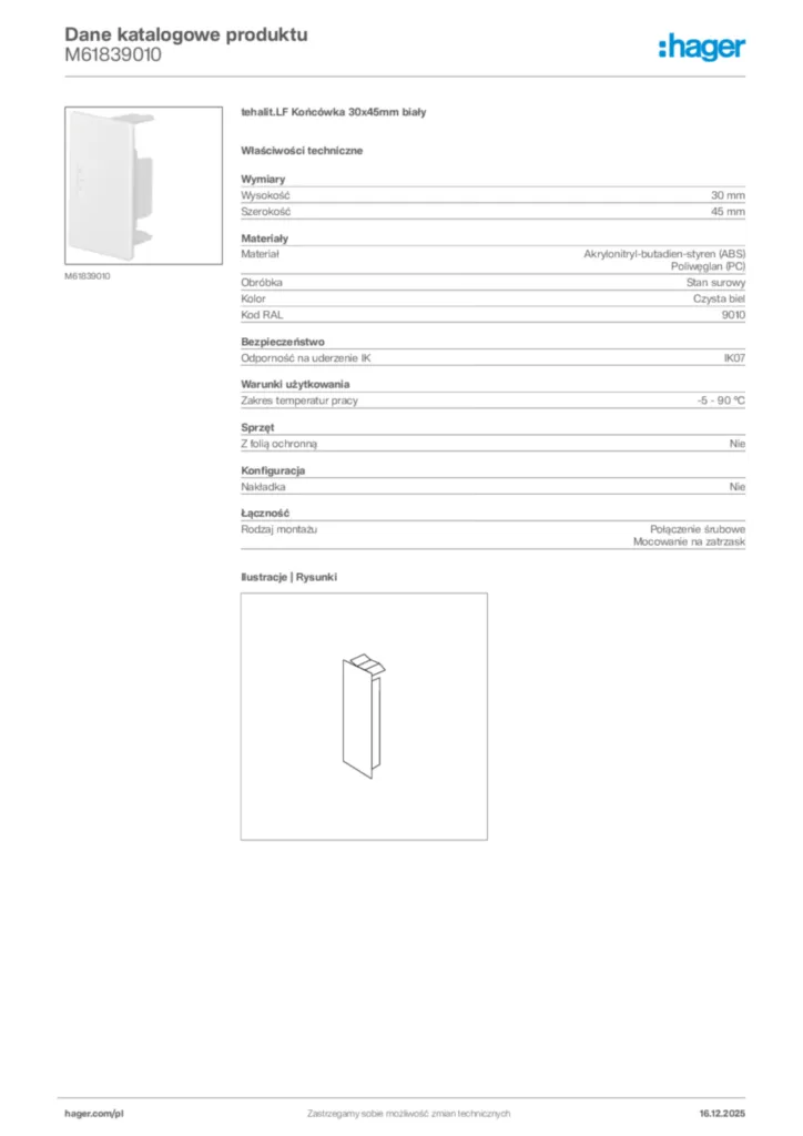 Zdjęcie Hager Karta katalogowa M61839010 | Hager Polska