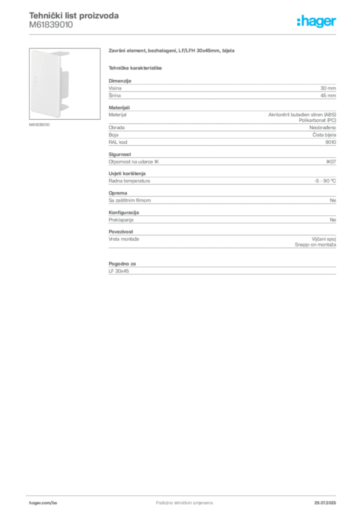 Slika Hager Product data sheet M61839010  | Hager