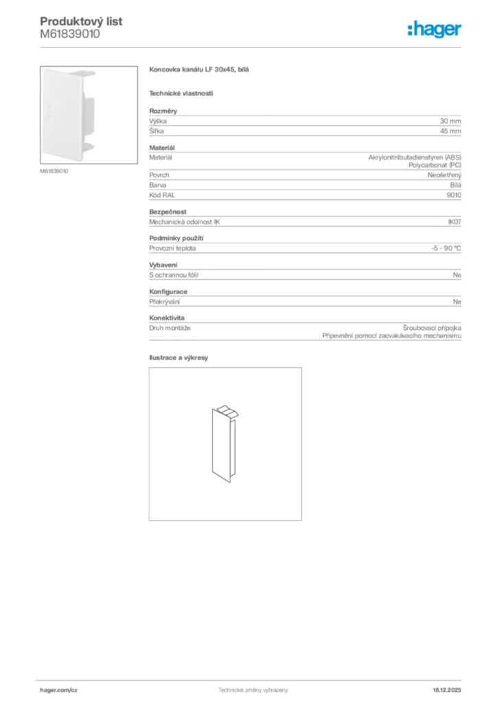 Obrázek Hager Produktový list M61839010 | Hager