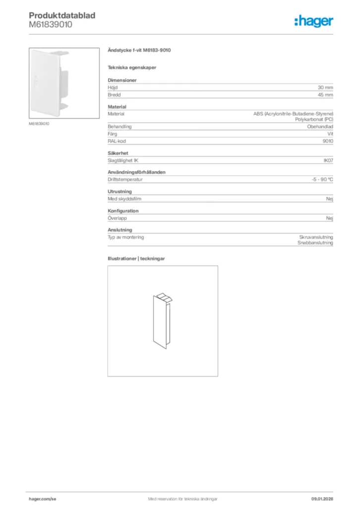 Bild Hager Produktdatablad M61839010 | Hager Sverige