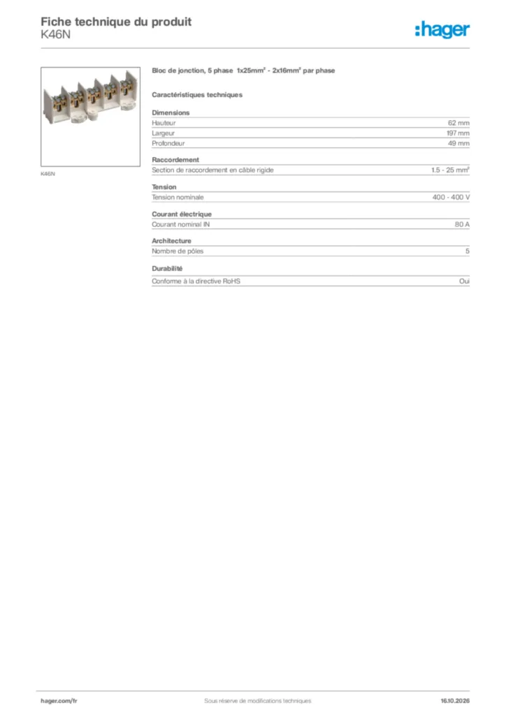 Image Hager Fiche technique du produit K46N | Hager France