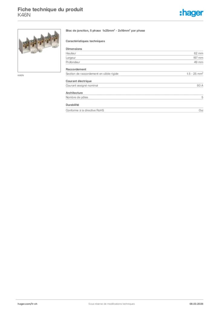 Image Hager Fiche technique du produit K46N | Hager Suisse