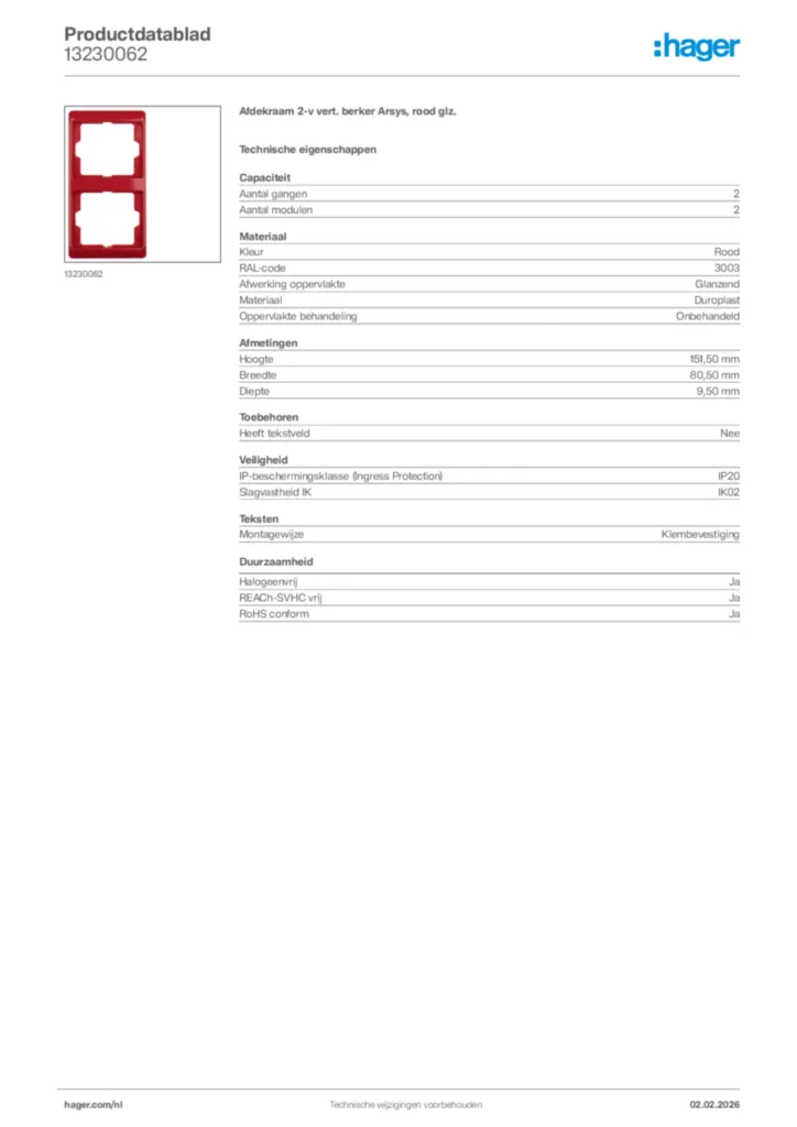 Afbeelding Hager Productdatablad 13230062 | Hager Nederland