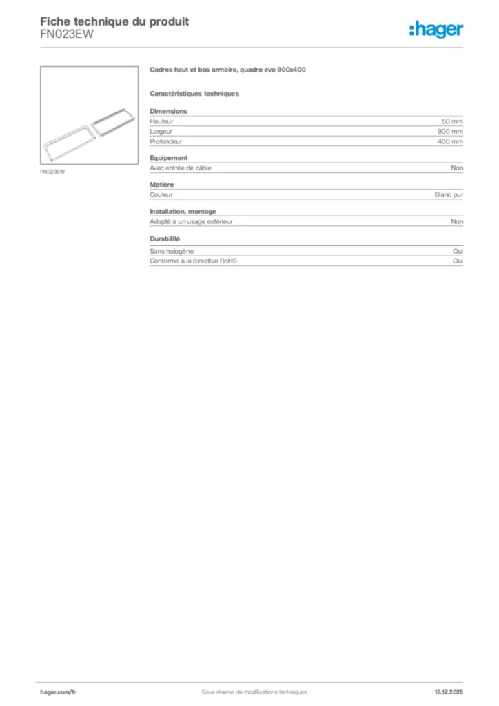 Image Hager Fiche technique du produit FN023EW | Hager France