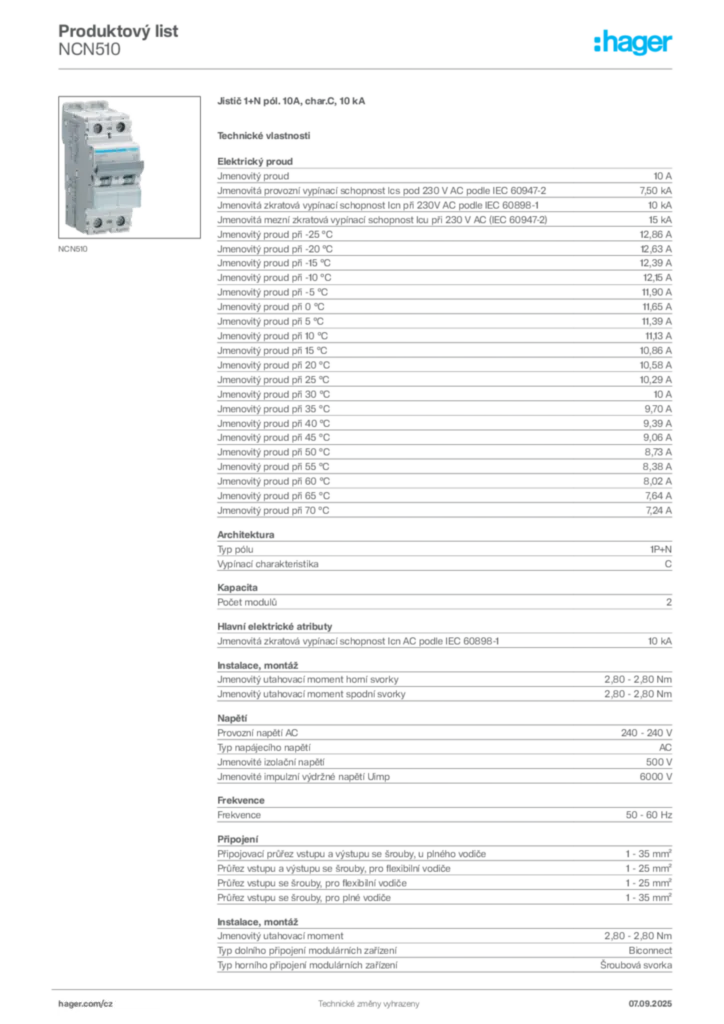 Obrázek Hager Produktový list NCN510 | Hager
