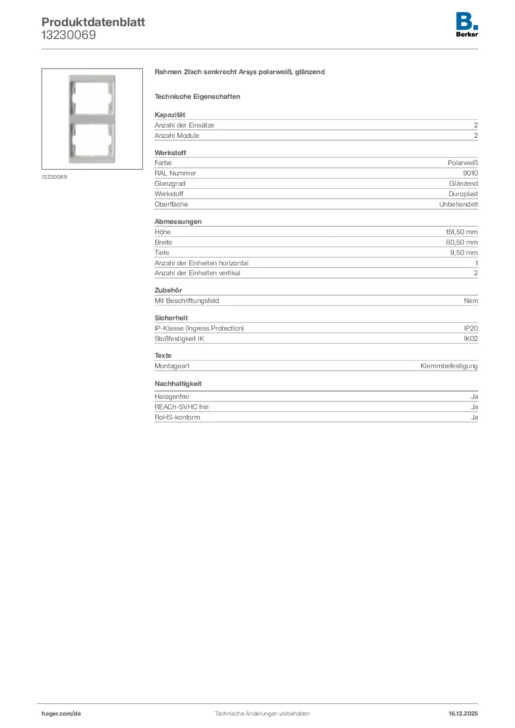 Bild Berker Produktdatenblatt 13230069 | Hager Deutschland