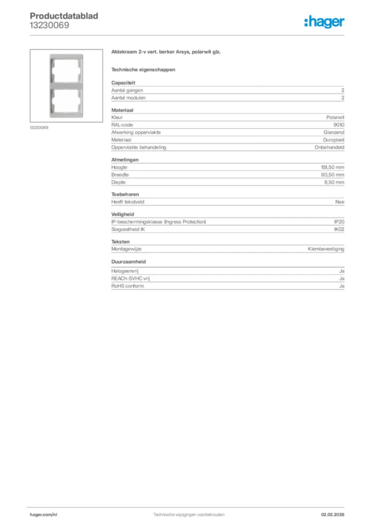 Afbeelding Hager Productdatablad 13230069 | Hager Nederland
