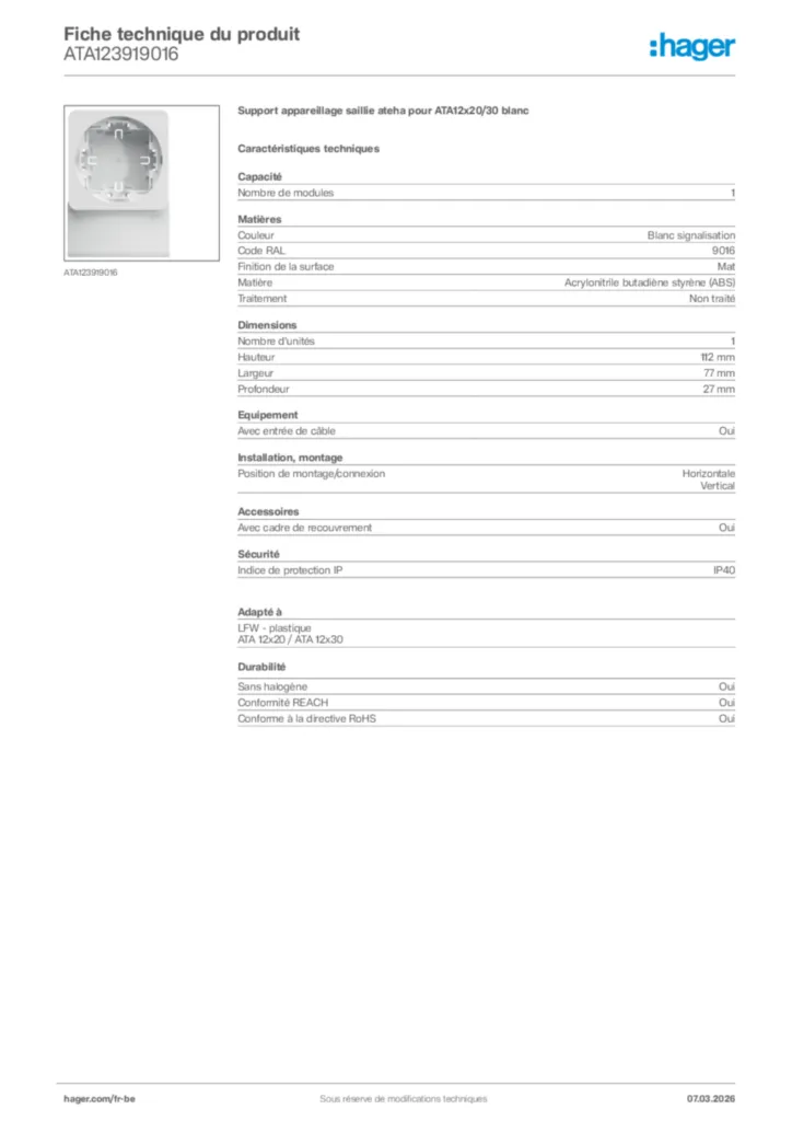 Image Hager Fiche technique du produit ATA123919016 | Hager Belgique