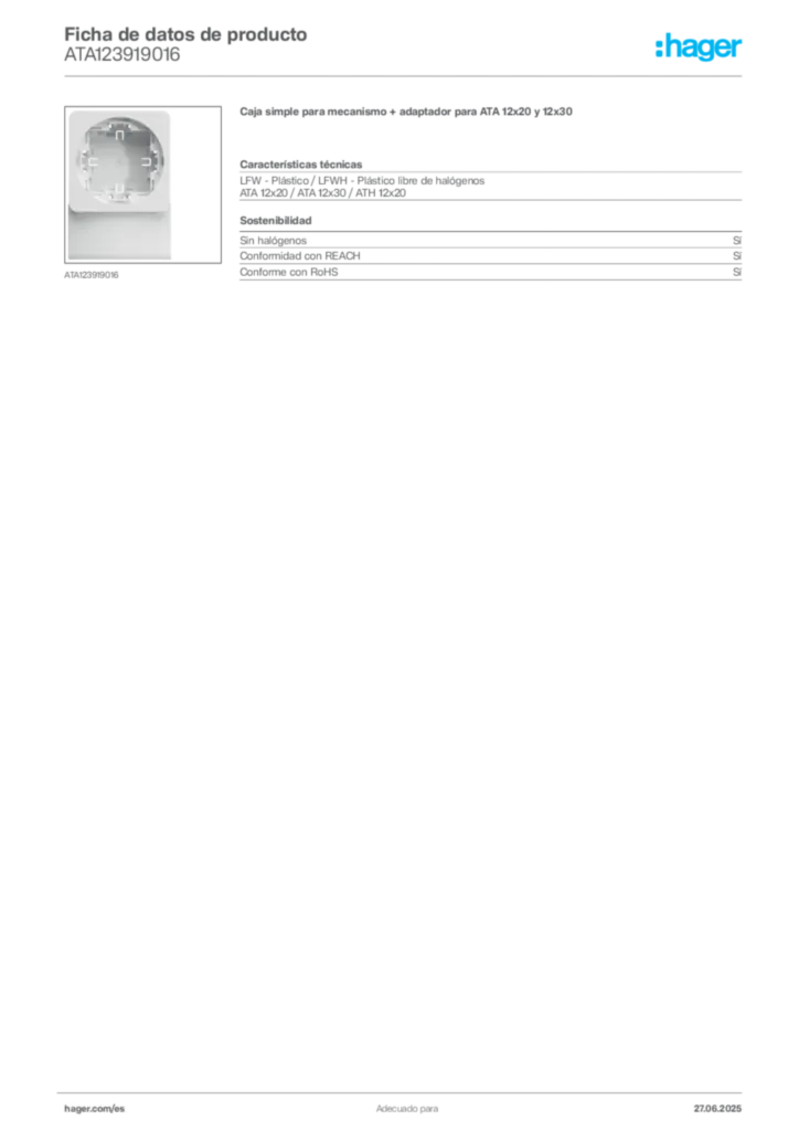 Imagen Hager Ficha de datos de producto ATA123919016 | Hager España
