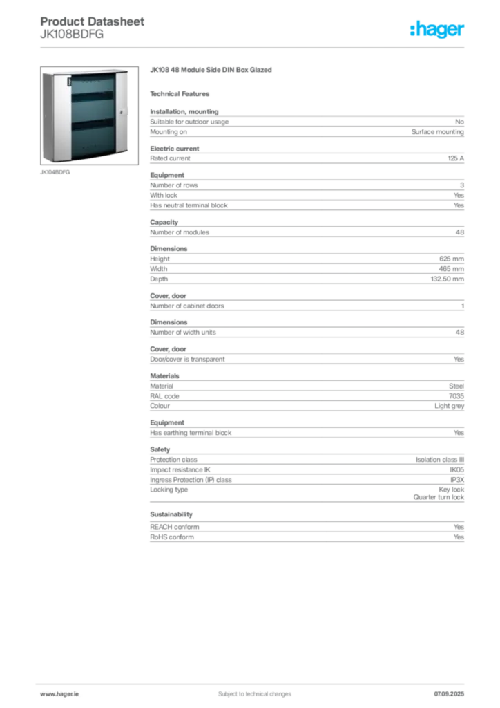 Image Hager Product data sheet JK108BDFG  | Hager