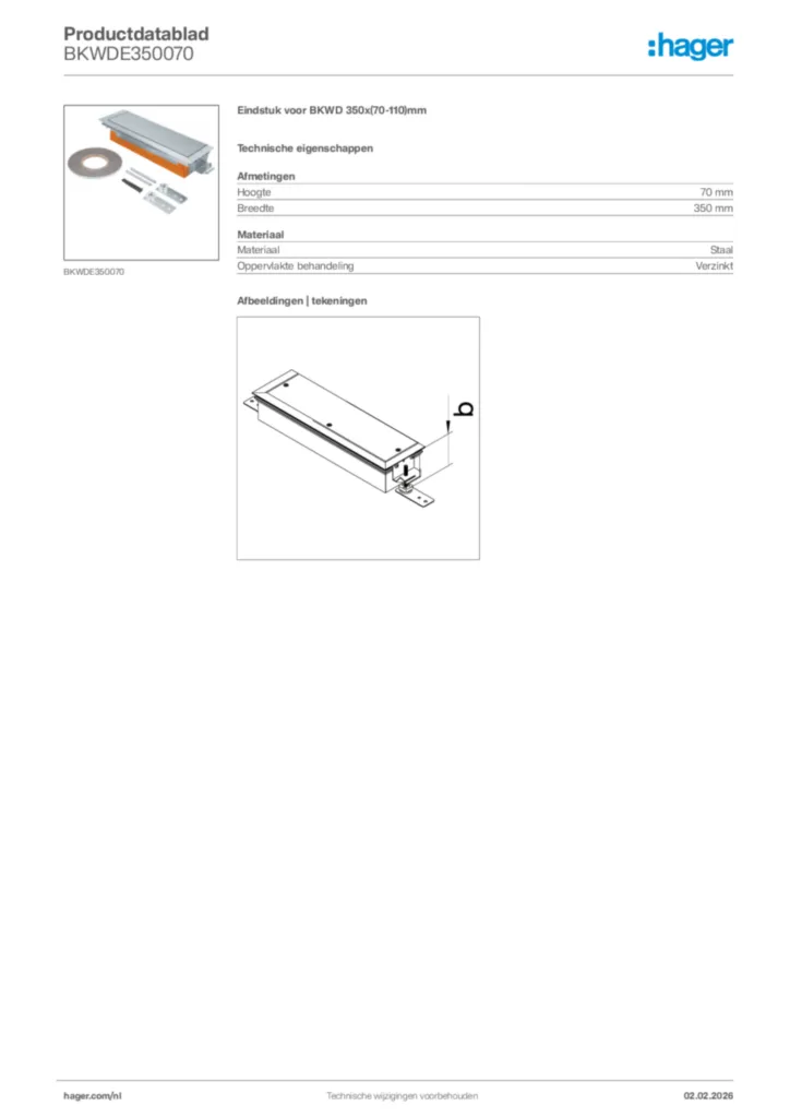 Afbeelding Hager Productdatablad BKWDE350070 | Hager Nederland