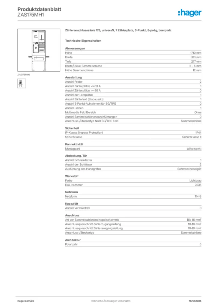 Bild Hager Produktdatenblatt ZAS175MH1 | Hager Deutschland