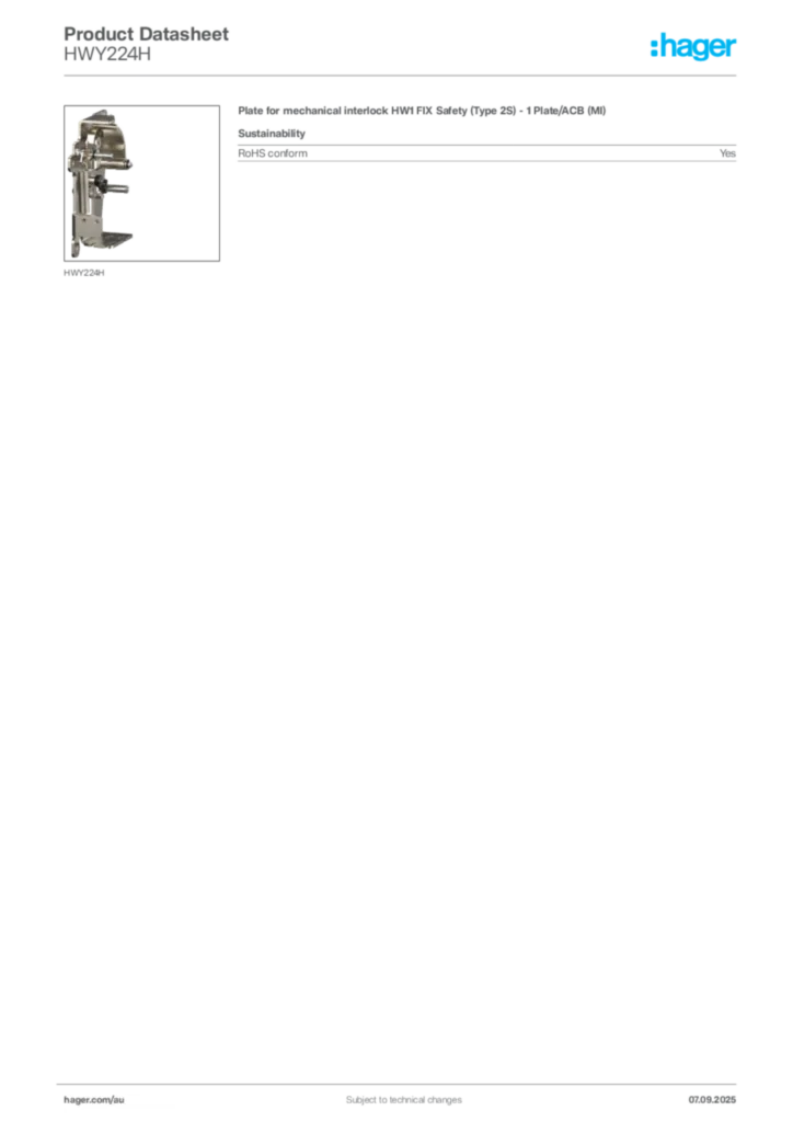 Image Hager Product data sheet HWY224H  | Hager Australia