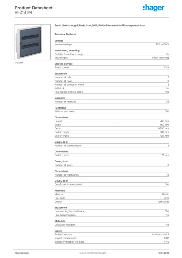 Image Hager Product data sheet VF218TM  | Hager