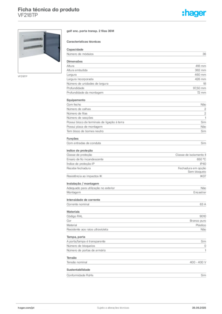 Imagem Hager Ficha técnica do produto VF218TP | Hager Portugal
