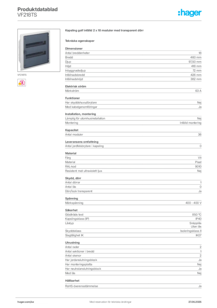 Bild Hager Produktdatablad VF218TS | Hager Sverige