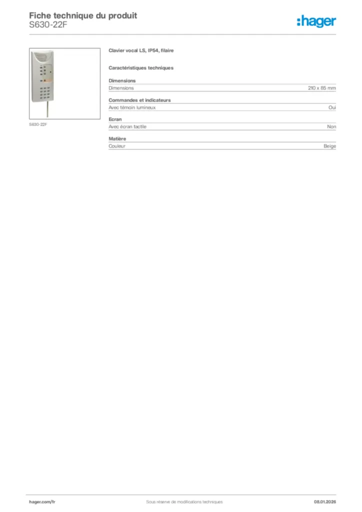 Image Hager Fiche technique du produit S630-22F | Hager France