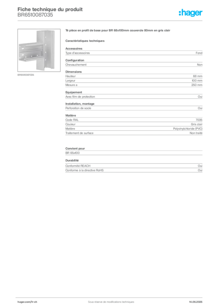 Image Hager Fiche technique du produit BR6510087035 | Hager Suisse