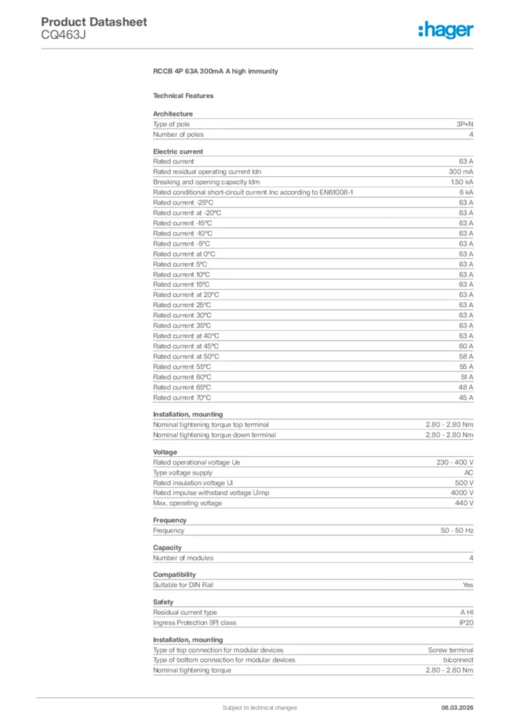 Image Hager Product data sheet CQ463J  | Hager Africa