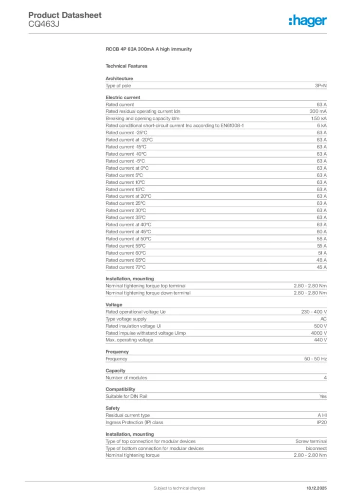 Image Hager Product data sheet CQ463J  | Hager Africa