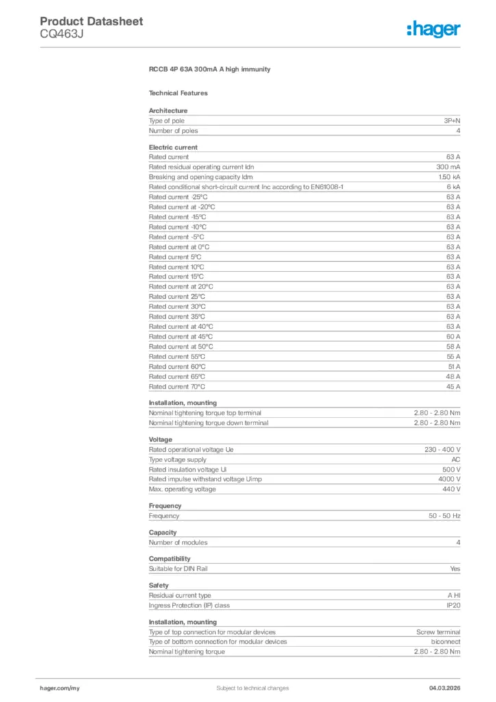 Image Hager Product data sheet CQ463J  | Hager