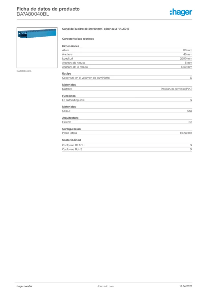 Imagen Hager Ficha de datos de producto BA7A80040BL | Hager España
