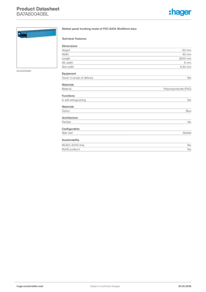 Image Hager Product data sheet BA7A80040BL  | Hager