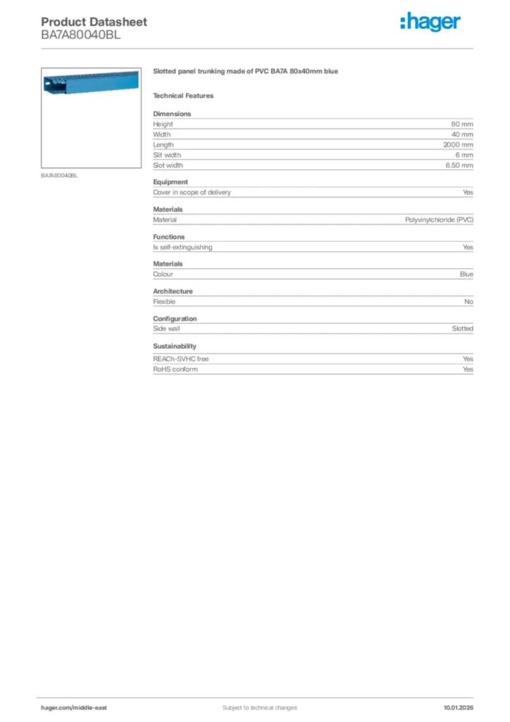 Image Hager Product data sheet BA7A80040BL  | Hager