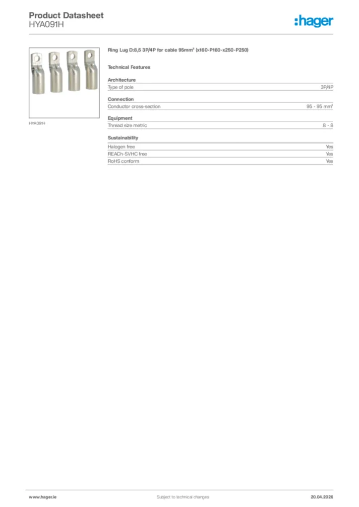 Image Hager Product data sheet HYA091H  | Hager