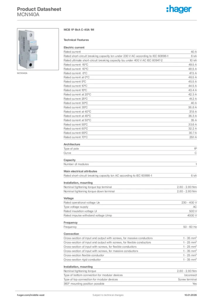 Image Hager Product data sheet MCN140A  | Hager