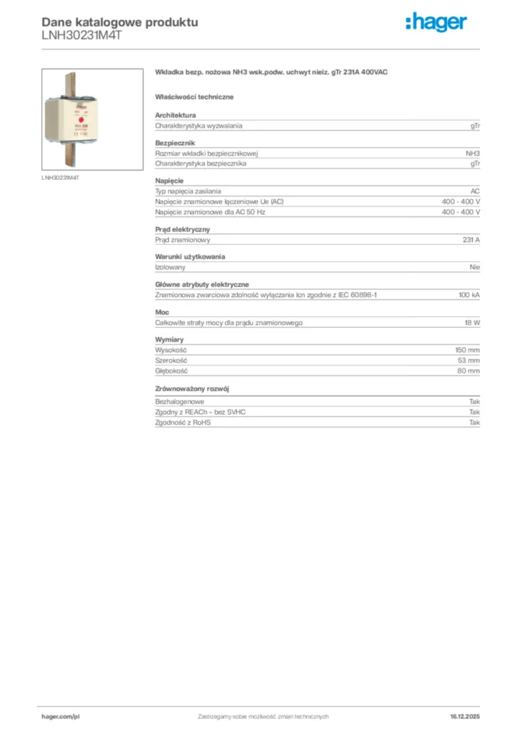 Zdjęcie Hager Karta katalogowa LNH30231M4T | Hager Polska