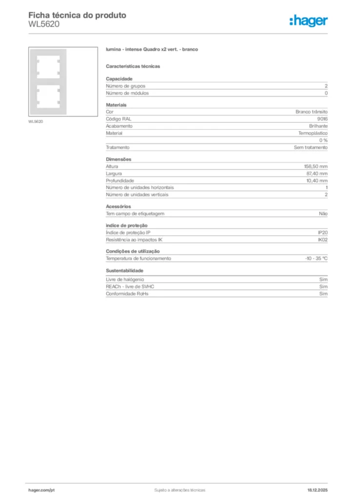 Imagem Hager Ficha técnica do produto WL5620 | Hager Portugal