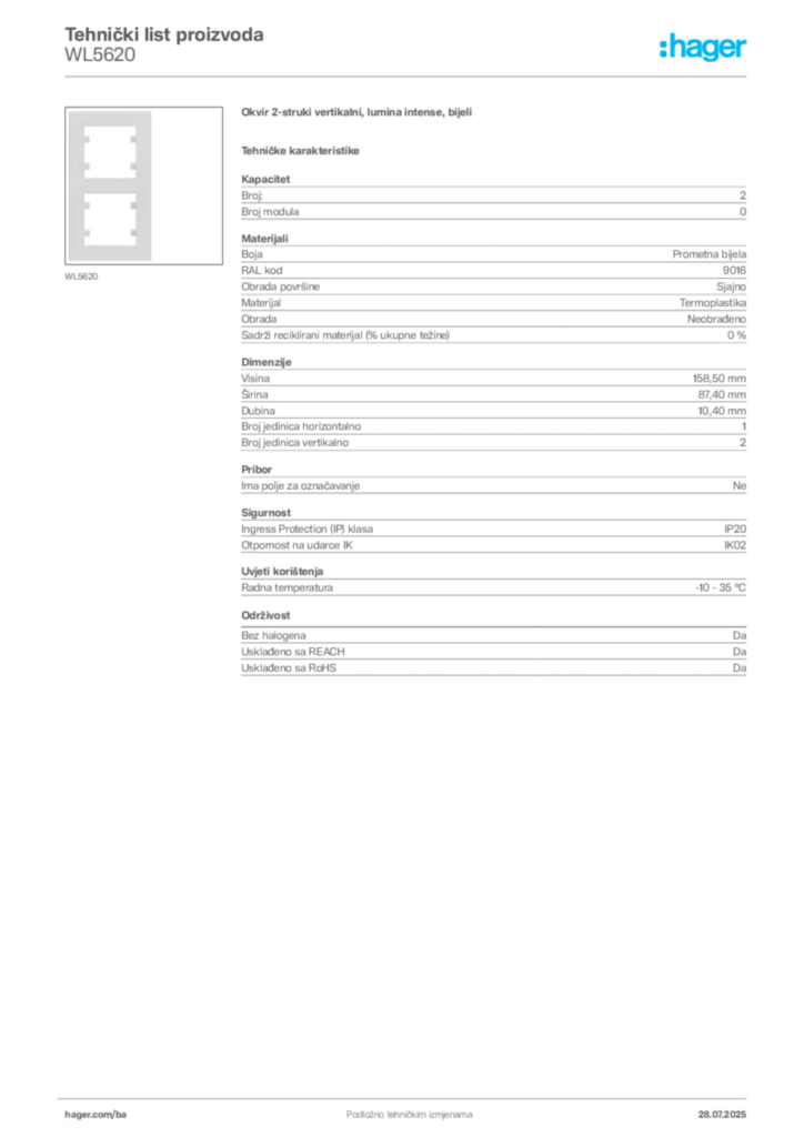 Slika Hager Product data sheet WL5620  | Hager