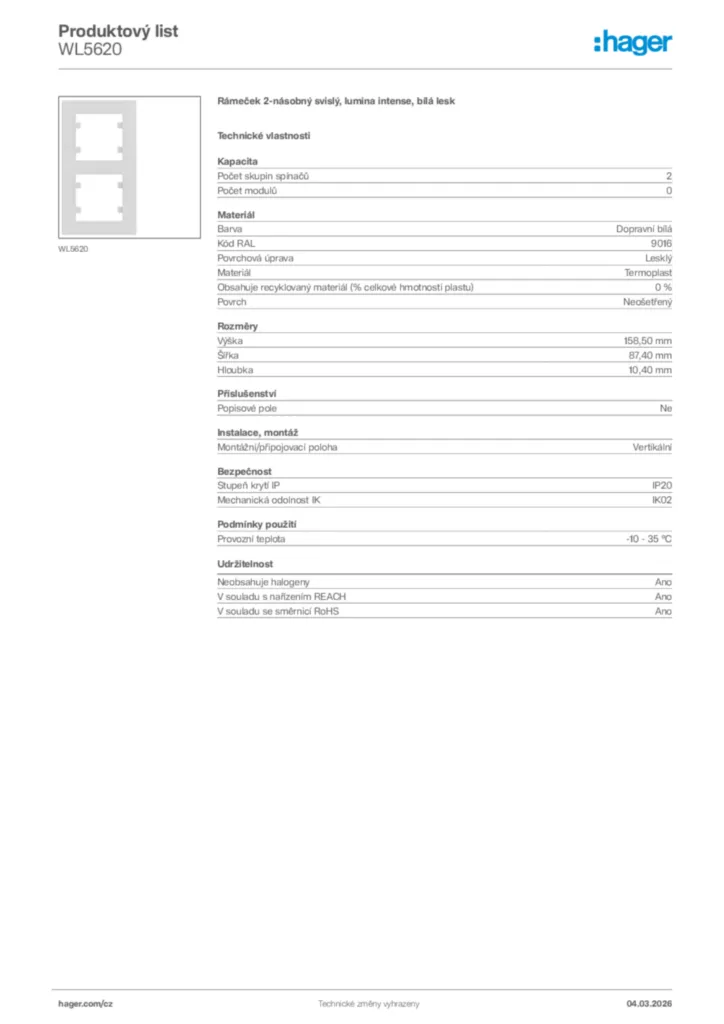 Obrázek Hager Product data sheet WL5620 | Hager