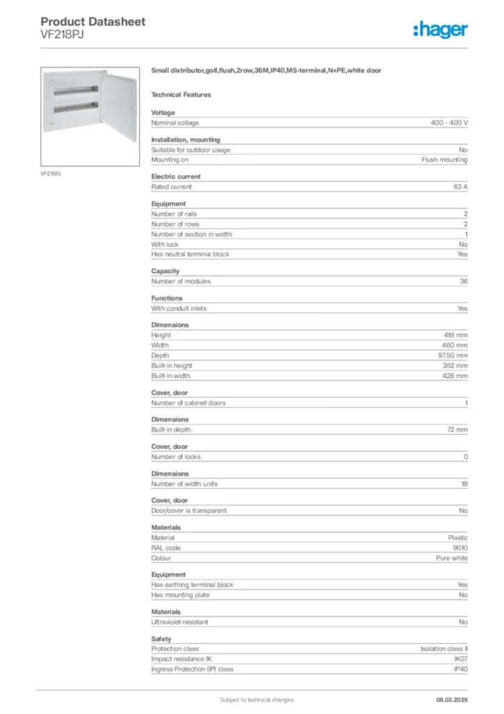 Image Hager Product data sheet VF218PJ  | Hager Africa