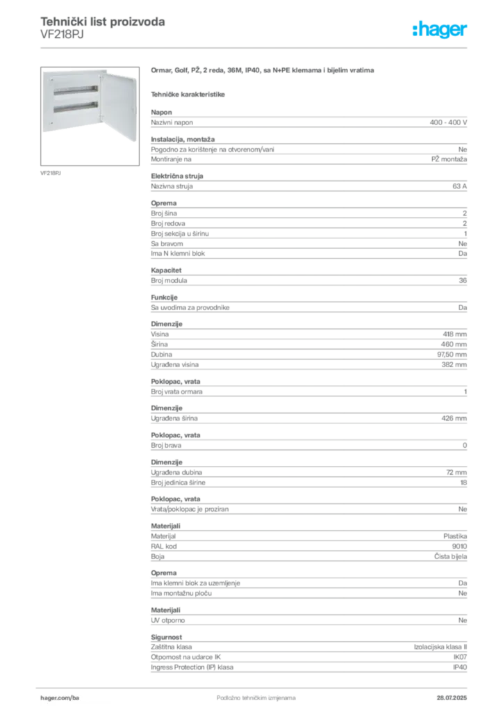 Slika Hager Product data sheet VF218PJ  | Hager